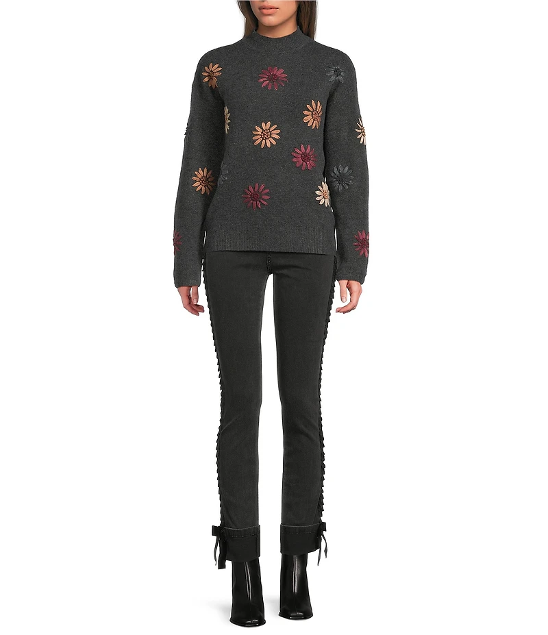 Charlie B. Knit Mock Neck Long Sleeve Floral Embroidery Sweater