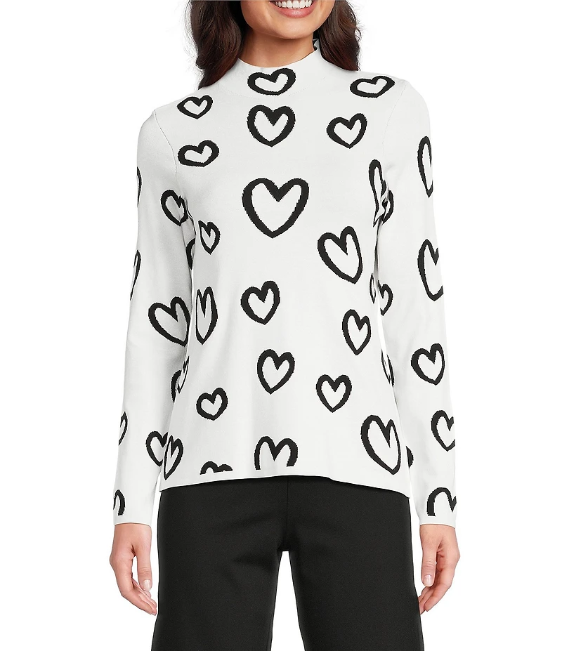Charlie B. Knit Mock Neck Long Sleeve Heart Reversible Sweater