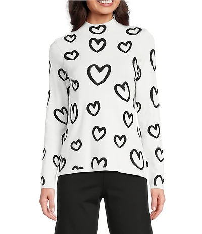 Charlie B. Knit Mock Neck Long Sleeve Heart Reversible Sweater