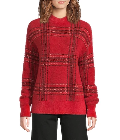 Charlie B. Knit Plaid Mock Neck Long Sleeve Sweater