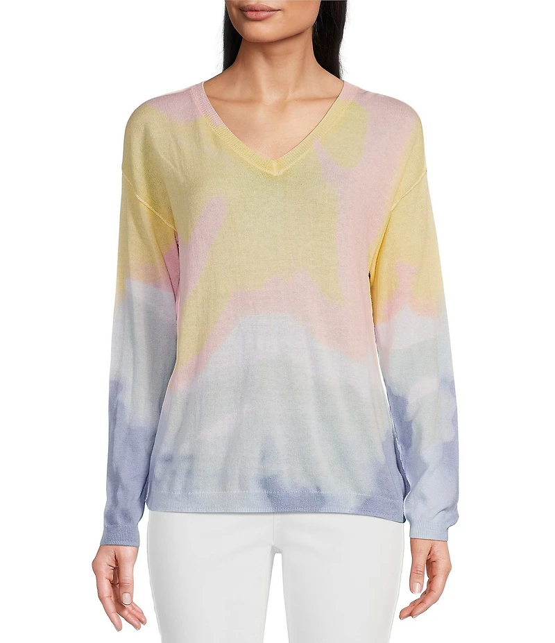 Charlie B. Knit Printed V-Neck Long Sleeve Tie Dye Sweater