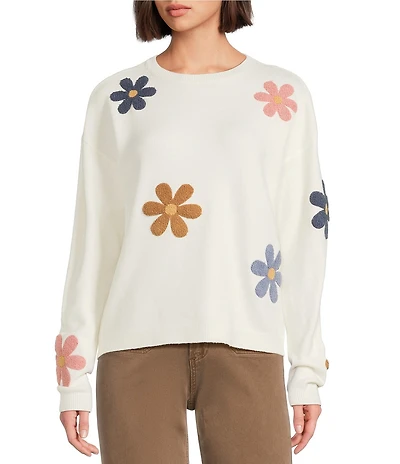 Charlie B. Knit Round Neck Long Sleeve Boucle Flower Sweater