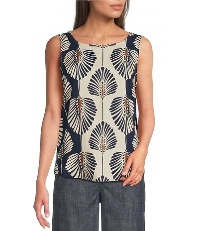 Charlie B. Linen Blend Abstract Print Scoop Neck Sleeveless Blouse