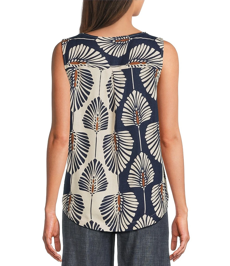 Charlie B. Linen Blend Abstract Print Scoop Neck Sleeveless Blouse