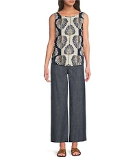 Charlie B. Linen Blend Abstract Print Scoop Neck Sleeveless Blouse