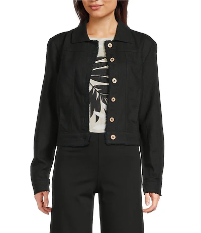 Charlie B. Linen Blend Point Collar Long Sleeve Fray Hem Button Front Jacket