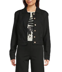 Charlie B. Linen Blend Point Collar Long Sleeve Fray Hem Button Front Jacket