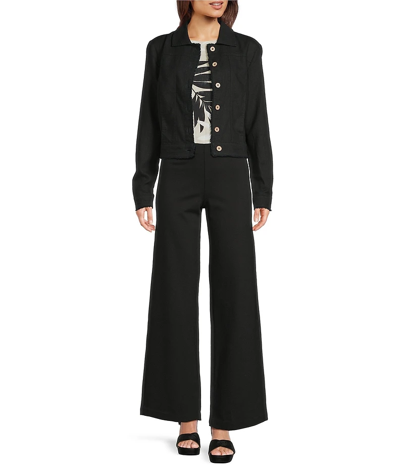 Charlie B. Linen Blend Point Collar Long Sleeve Fray Hem Button Front Jacket