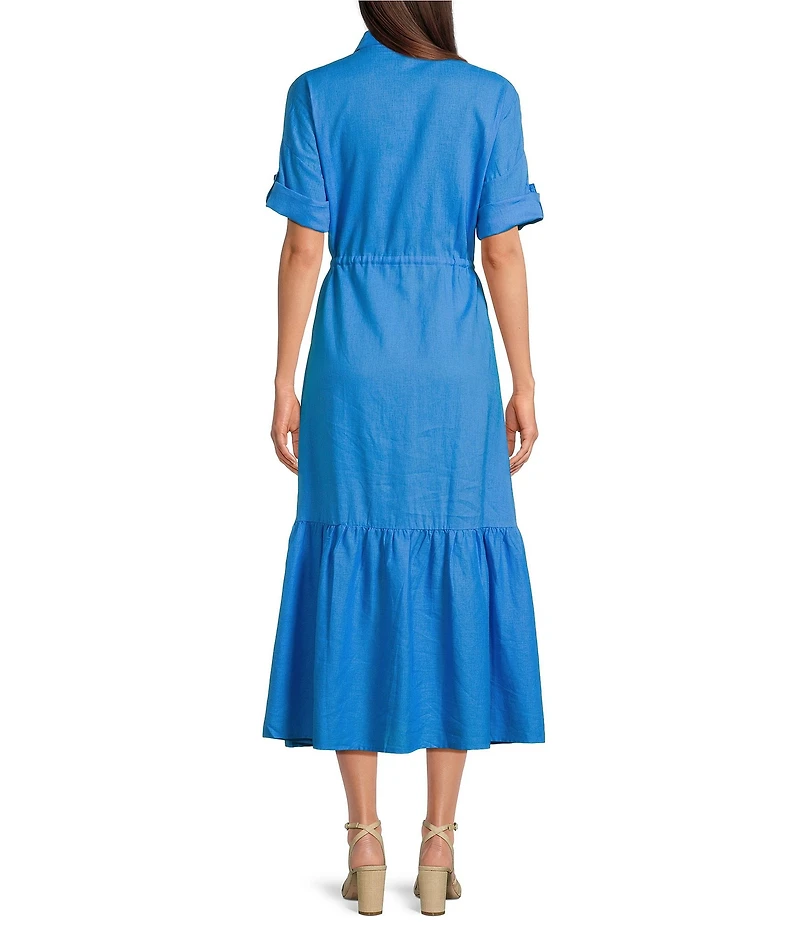 Charlie B. Linen Blend Point Collar Short Sleeve Drawstring Shirt Dress