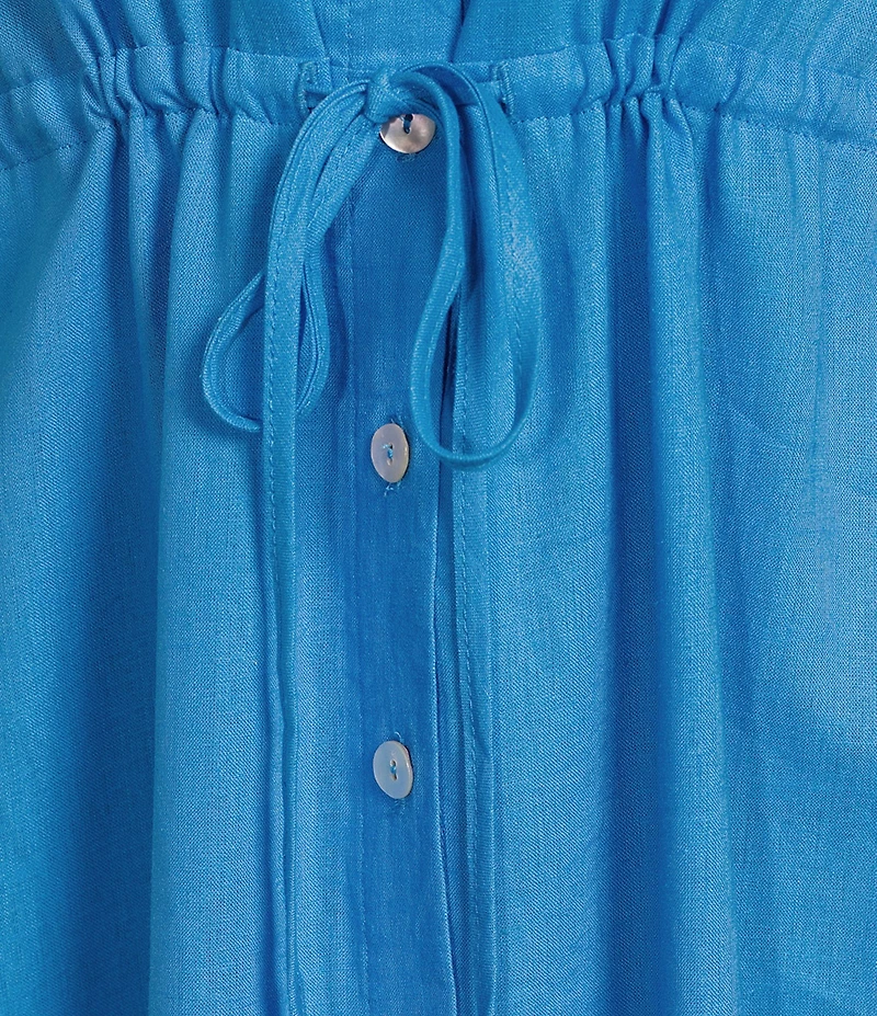 Charlie B. Linen Blend Point Collar Short Sleeve Drawstring Shirt Dress