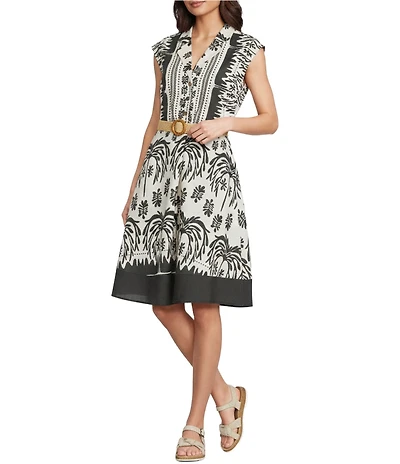 Charlie B. Linen Blend Printed Notch Collar Short Sleeve A-Line Dress