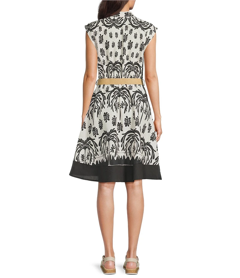 Charlie B. Linen Blend Printed Notch Collar Short Sleeve A-Line Dress