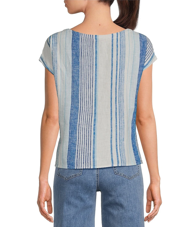 Charlie B. Linen Blend Stripe Print Boat Neck Cap Sleeve Tie-Front Blouse