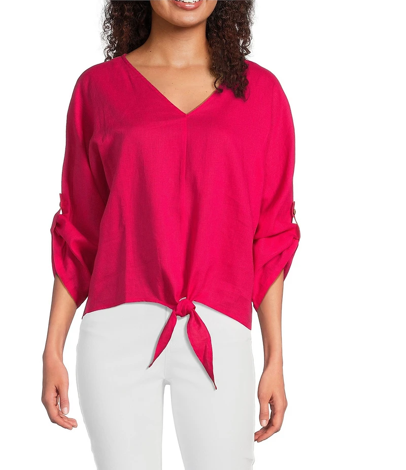 Charlie B. Linen Blend V-Neck 3/4 Sleeve Tie Front Top