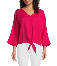 Charlie B. Linen Blend V-Neck 3/4 Sleeve Tie Front Top
