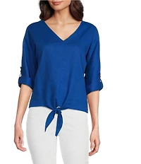 Charlie B. Linen Blend V-Neck 3/4 Sleeve Tie Front Top