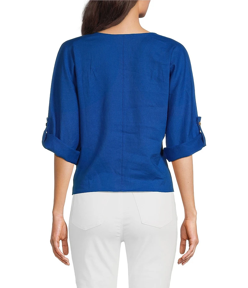 Charlie B. Linen Blend V-Neck 3/4 Sleeve Tie Front Top