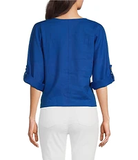 Charlie B. Linen Blend V-Neck 3/4 Sleeve Tie Front Top