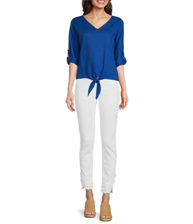 Charlie B. Linen Blend V-Neck 3/4 Sleeve Tie Front Top