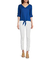 Charlie B. Linen Blend V-Neck 3/4 Sleeve Tie Front Top