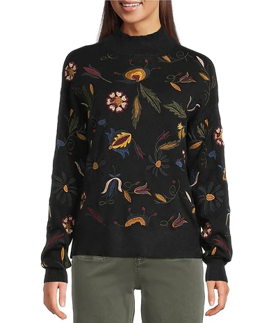 Charlie B. Mock Neck Long Sleeve Embroidered Sweater