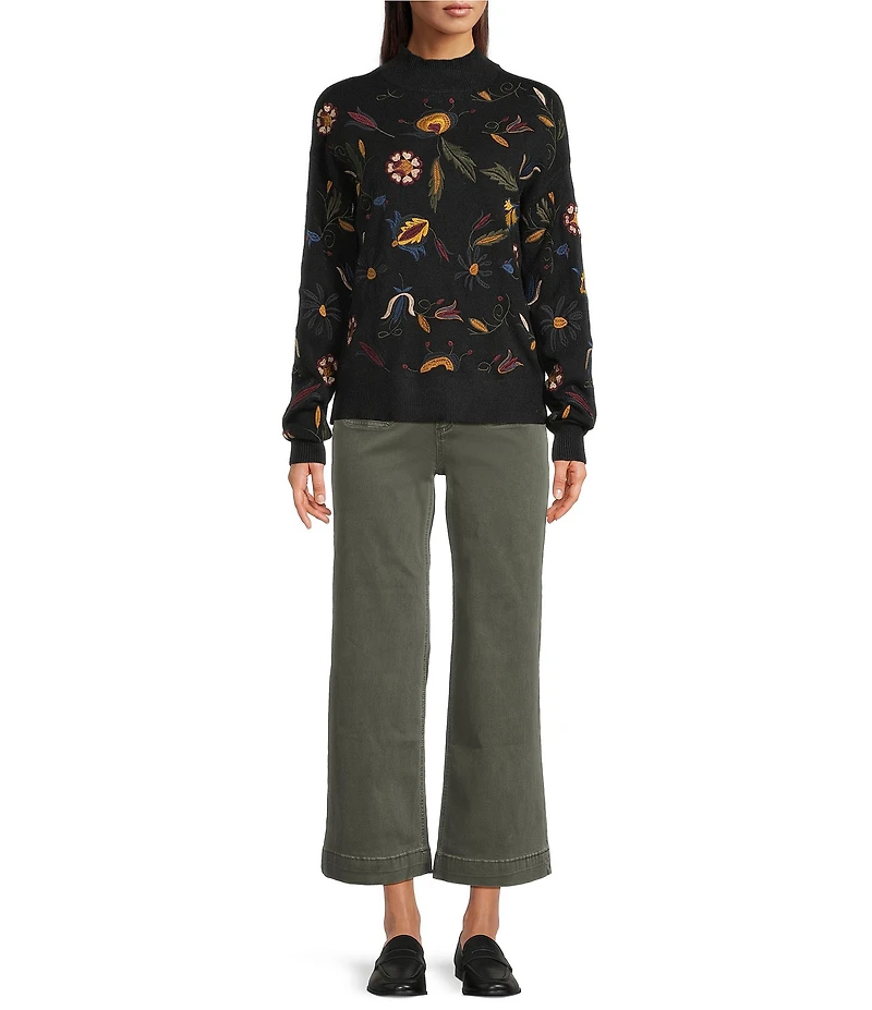 Charlie B. Mock Neck Long Sleeve Embroidered Sweater
