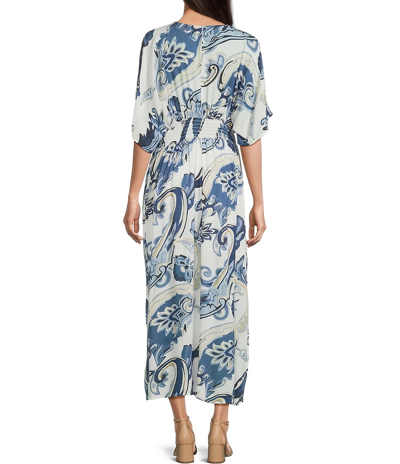 Charlie B. Paisley Print V-Neck Short Dolman Sleeves Maxi Faux Wrap Dress