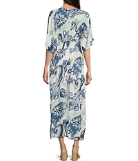 Charlie B. Paisley Print V-Neck Short Dolman Sleeves Maxi Faux Wrap Dress