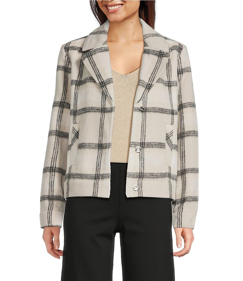 Charlie B. Plaid Lurex Knit Wool Blend Notch Collar Long Sleeve Coat
