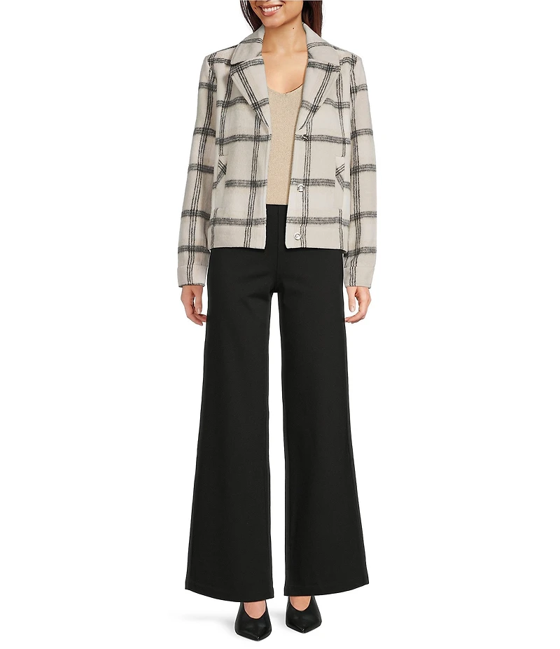 Charlie B. Plaid Lurex Knit Wool Blend Notch Collar Long Sleeve Coat