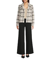 Charlie B. Plaid Lurex Knit Wool Blend Notch Collar Long Sleeve Coat