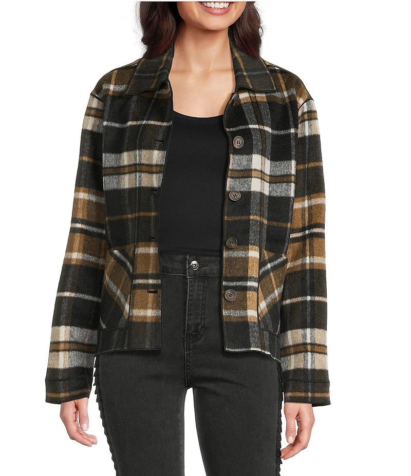 Charlie B. Wool Blend Plaid Reversible Point Collar Long Sleeve Patch Pocket Jacket