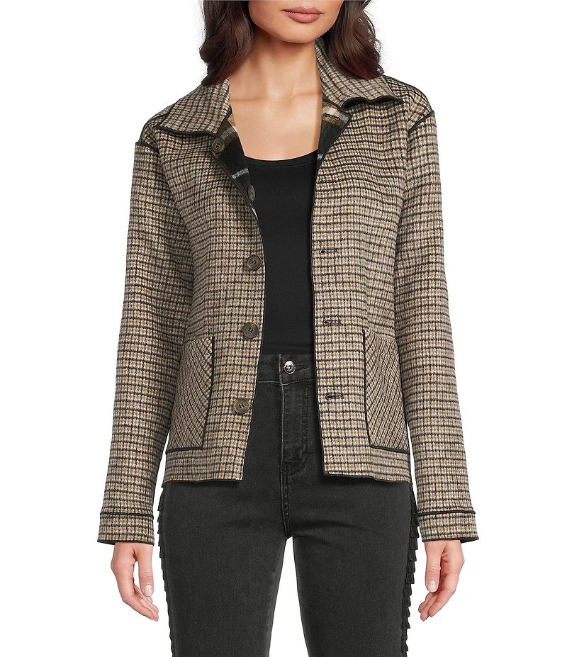 Charlie B. Wool Blend Plaid Reversible Point Collar Long Sleeve Patch Pocket Jacket