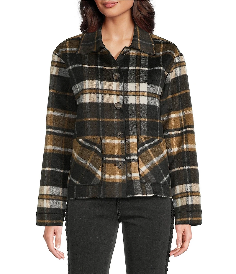 Charlie B. Wool Blend Plaid Reversible Point Collar Long Sleeve Patch Pocket Jacket