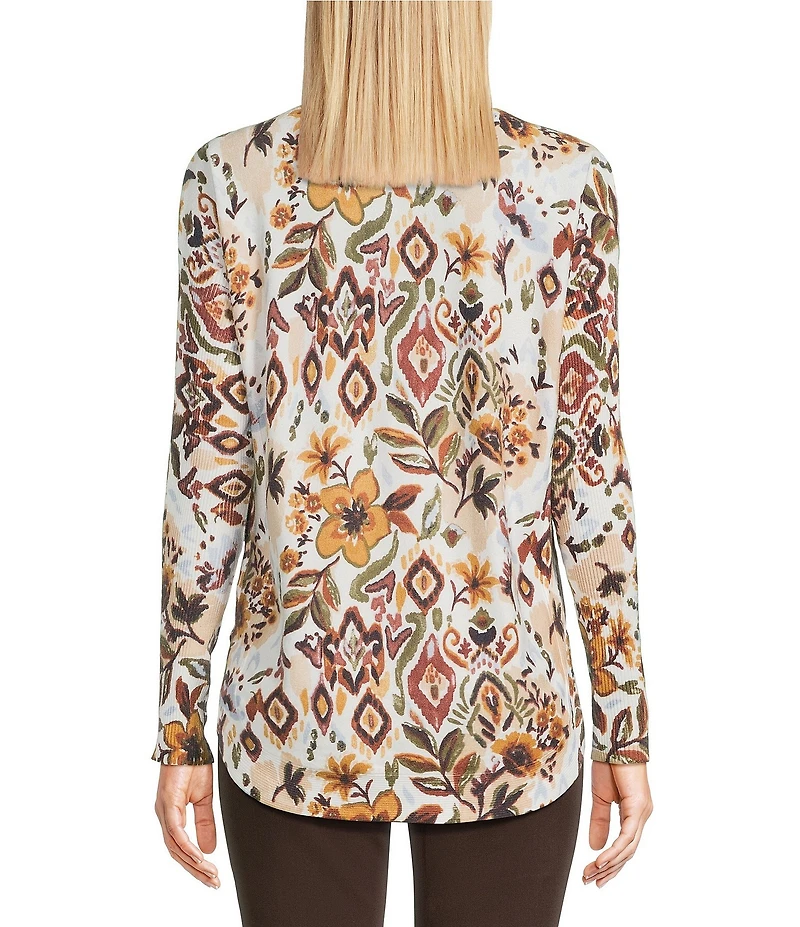 Charlie B. Printed Floral Print Round Neck Long Sleeve Rounded Hem Top