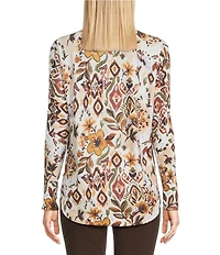 Charlie B. Printed Floral Print Round Neck Long Sleeve Rounded Hem Top