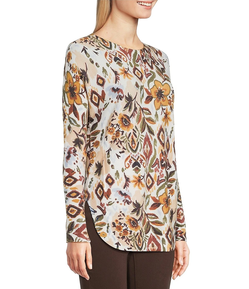 Charlie B. Printed Floral Print Round Neck Long Sleeve Rounded Hem Top
