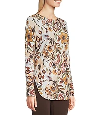 Charlie B. Printed Floral Print Round Neck Long Sleeve Rounded Hem Top
