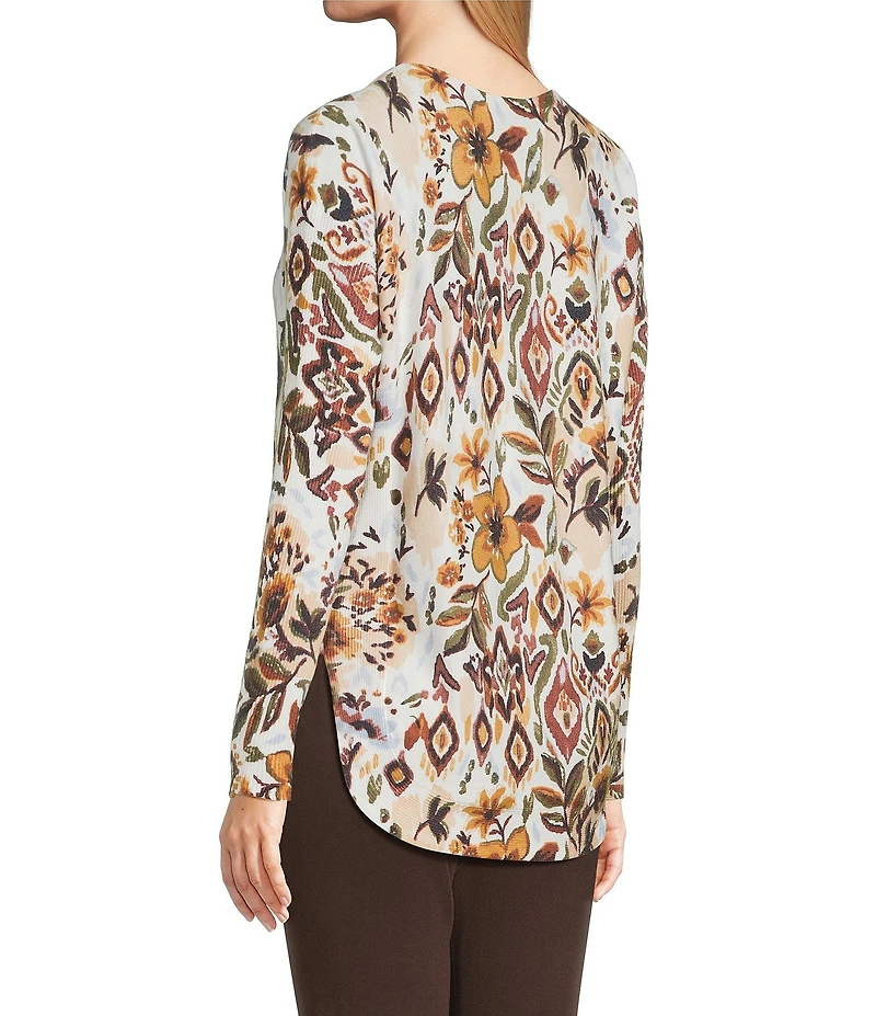 Charlie B. Printed Floral Print Round Neck Long Sleeve Rounded Hem Top