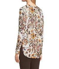 Charlie B. Printed Floral Print Round Neck Long Sleeve Rounded Hem Top