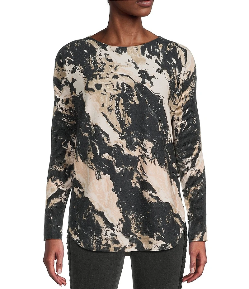 Charlie B. Printed Round Neck Long Sleeve Rounded Hem Top