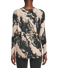 Charlie B. Printed Round Neck Long Sleeve Rounded Hem Top