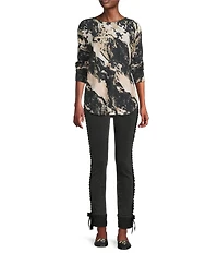 Charlie B. Printed Round Neck Long Sleeve Rounded Hem Top