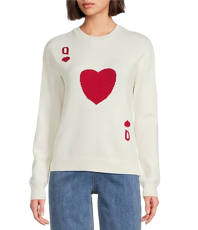 Charlie B. Queen of Hearts Jacquard Knit Crew Neck Long Sleeve Sweater