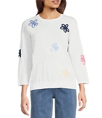 Charlie B. Round Neck 3/4 Sleeves Flower Patch Sweater