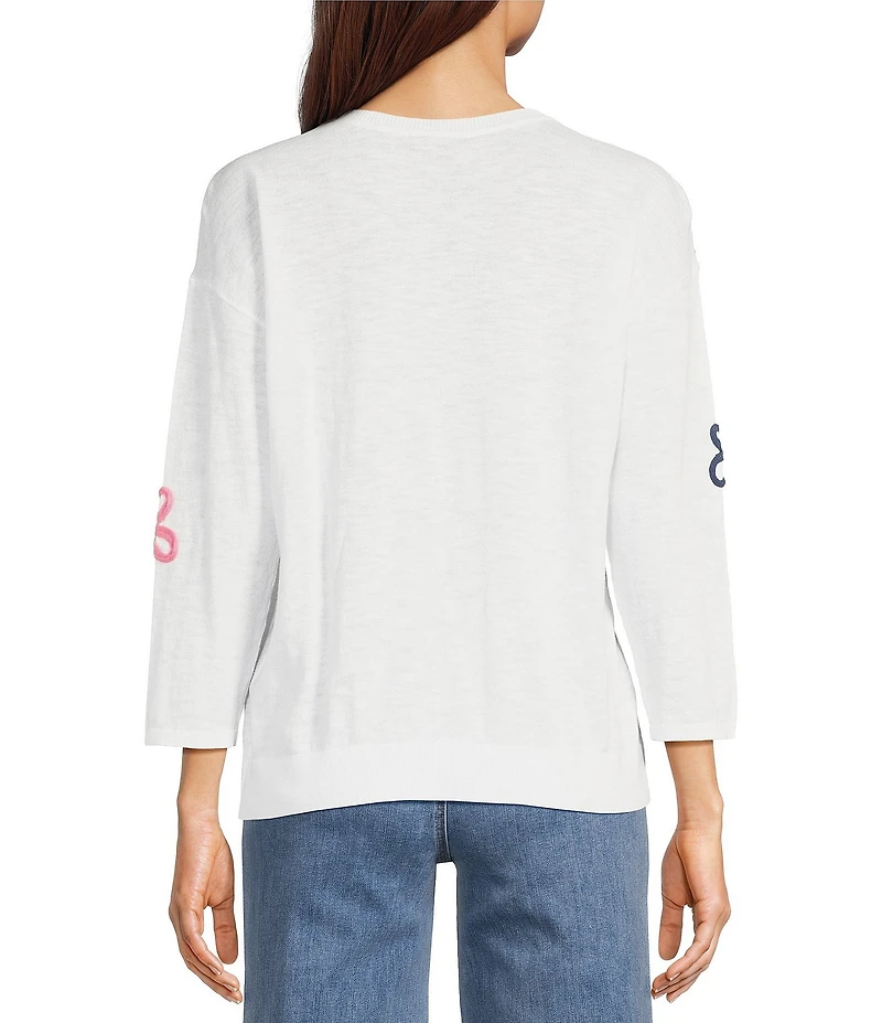 Charlie B. Round Neck 3/4 Sleeves Flower Patch Sweater