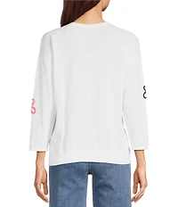 Charlie B. Round Neck 3/4 Sleeves Flower Patch Sweater