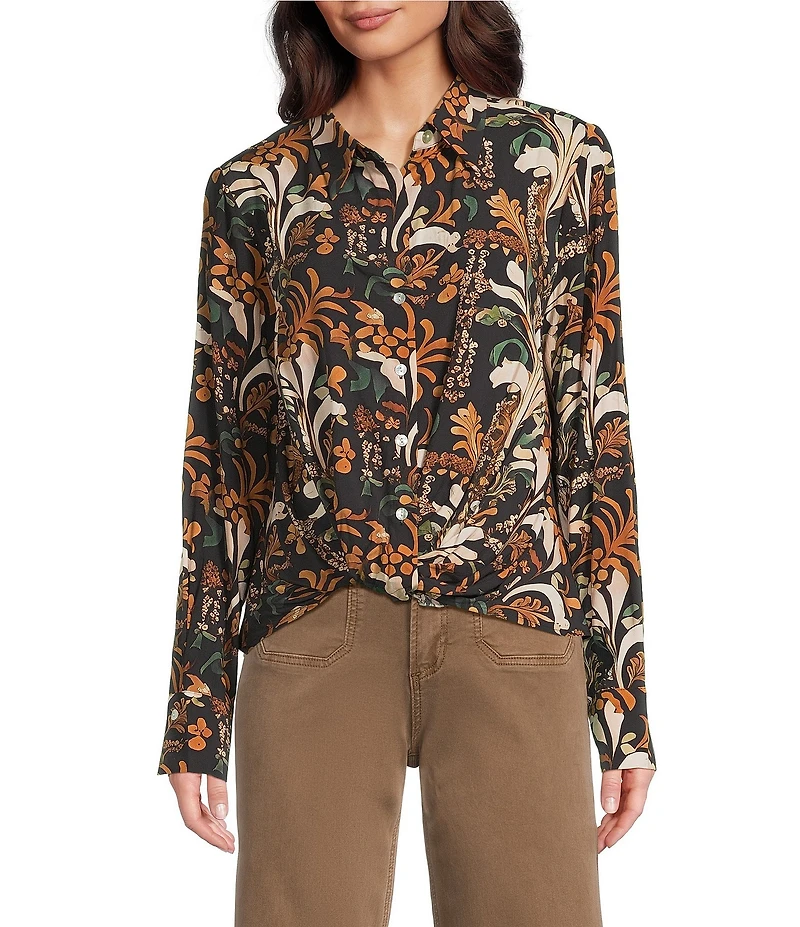 Charlie B. Satin Printed Point Collar Long Sleeve Button Down Shirt