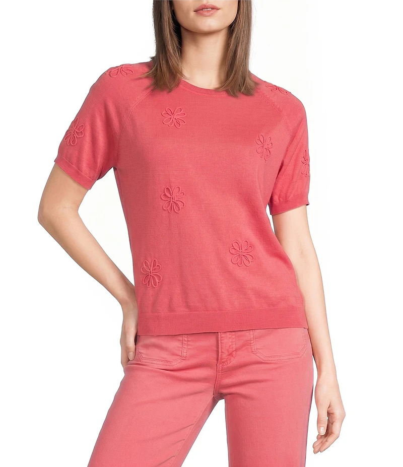 Charlie B. Soutache Embroidered Knit Crew Neck Short Sleeve Top