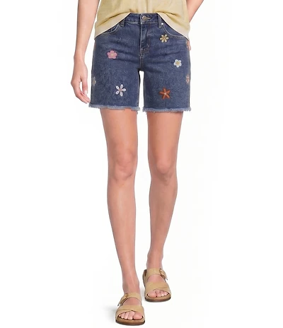 Charlie B. Stretch Denim Embroidered Mid Rise Shorts